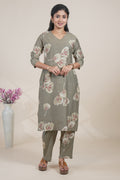 Olive Green Floral Printed Straight Kurta with Matching Pants Set