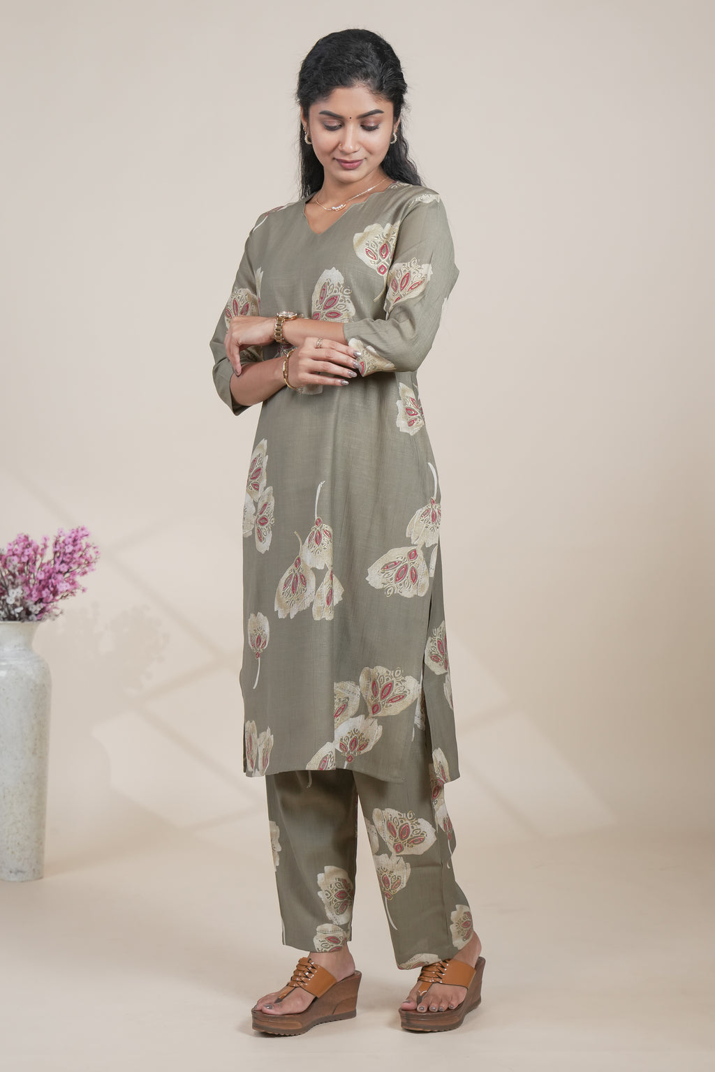 Olive Green Floral Printed Straight Kurta with Matching Pants Set