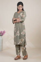 Olive Green Floral Printed Straight Kurta with Matching Pants Set