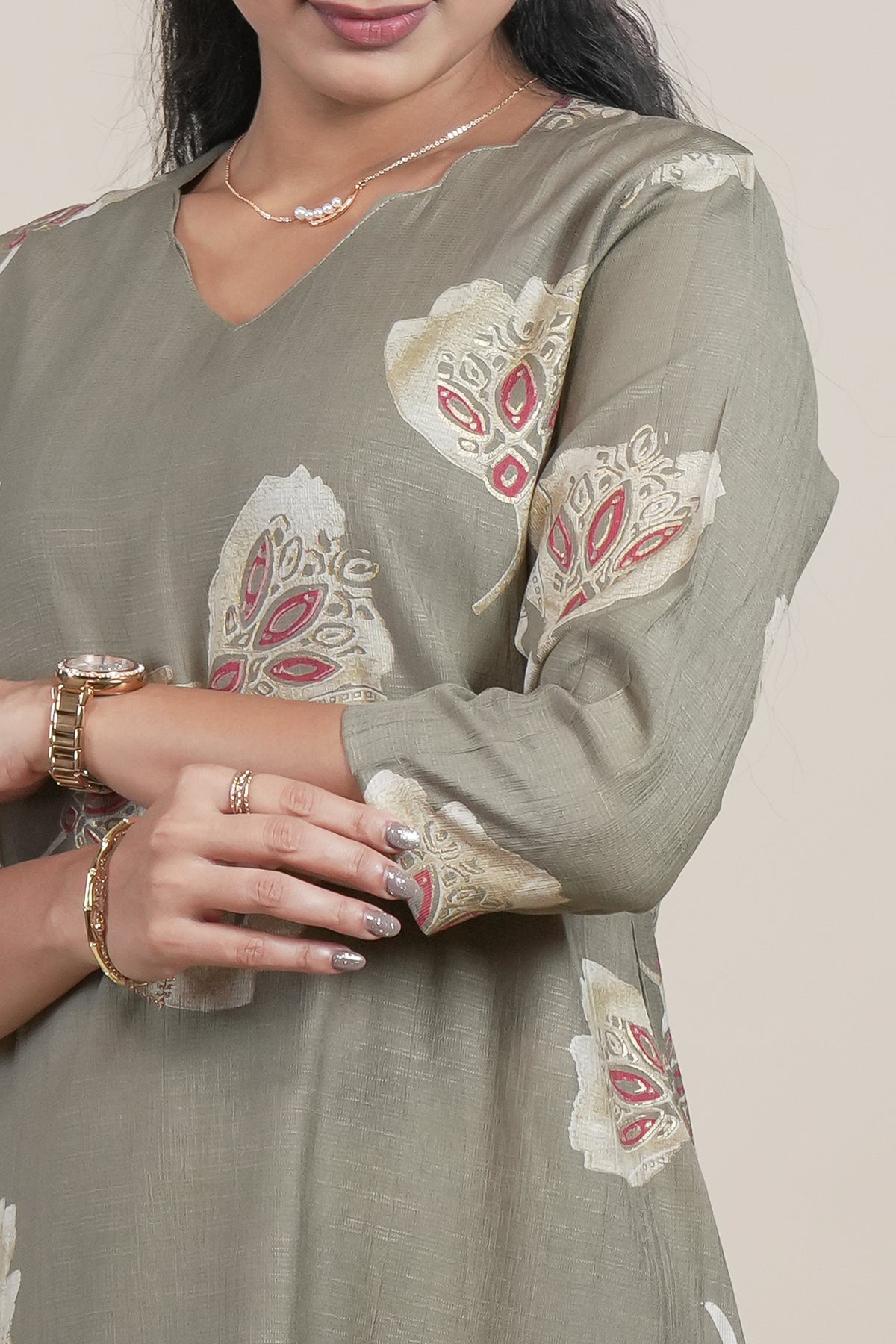 Olive Green Floral Printed Straight Kurta with Matching Pants Set