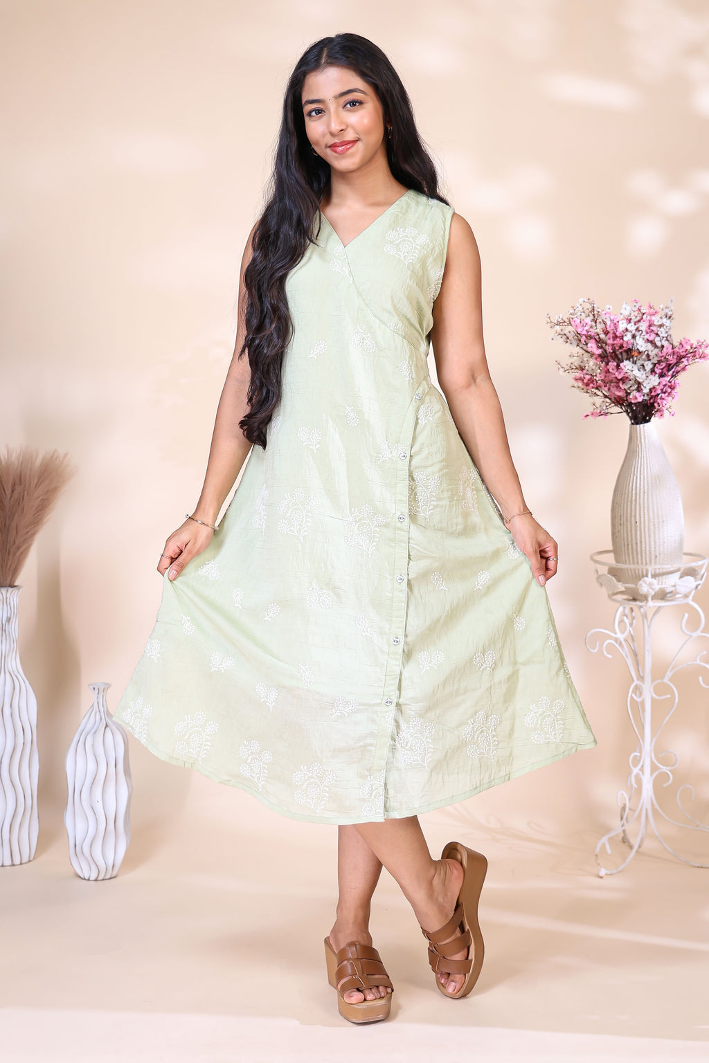 Mint Green Embroidered Westen wrap Style Dress