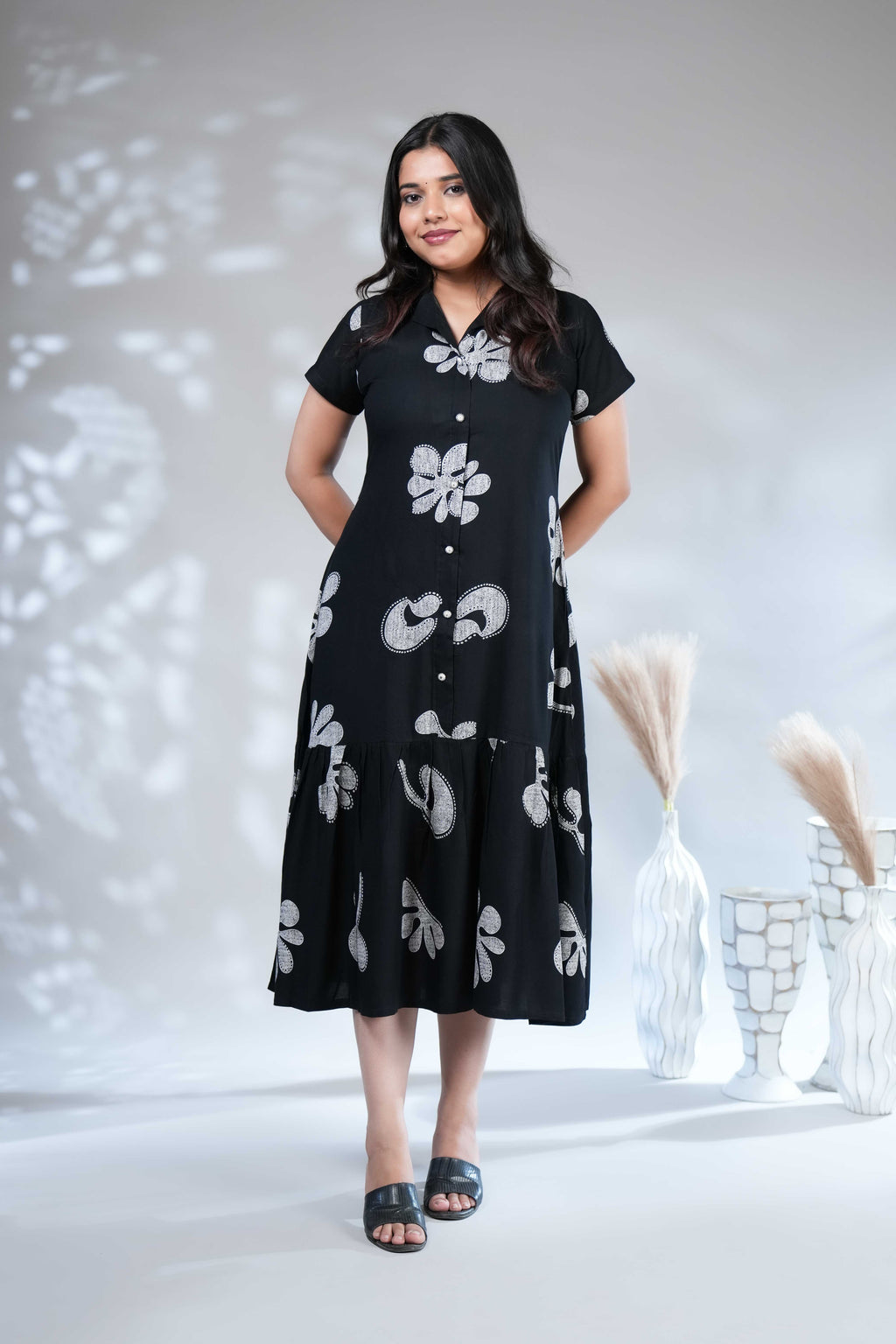 Women's Black & White Floral Printed Midi Shirt A-line Dress