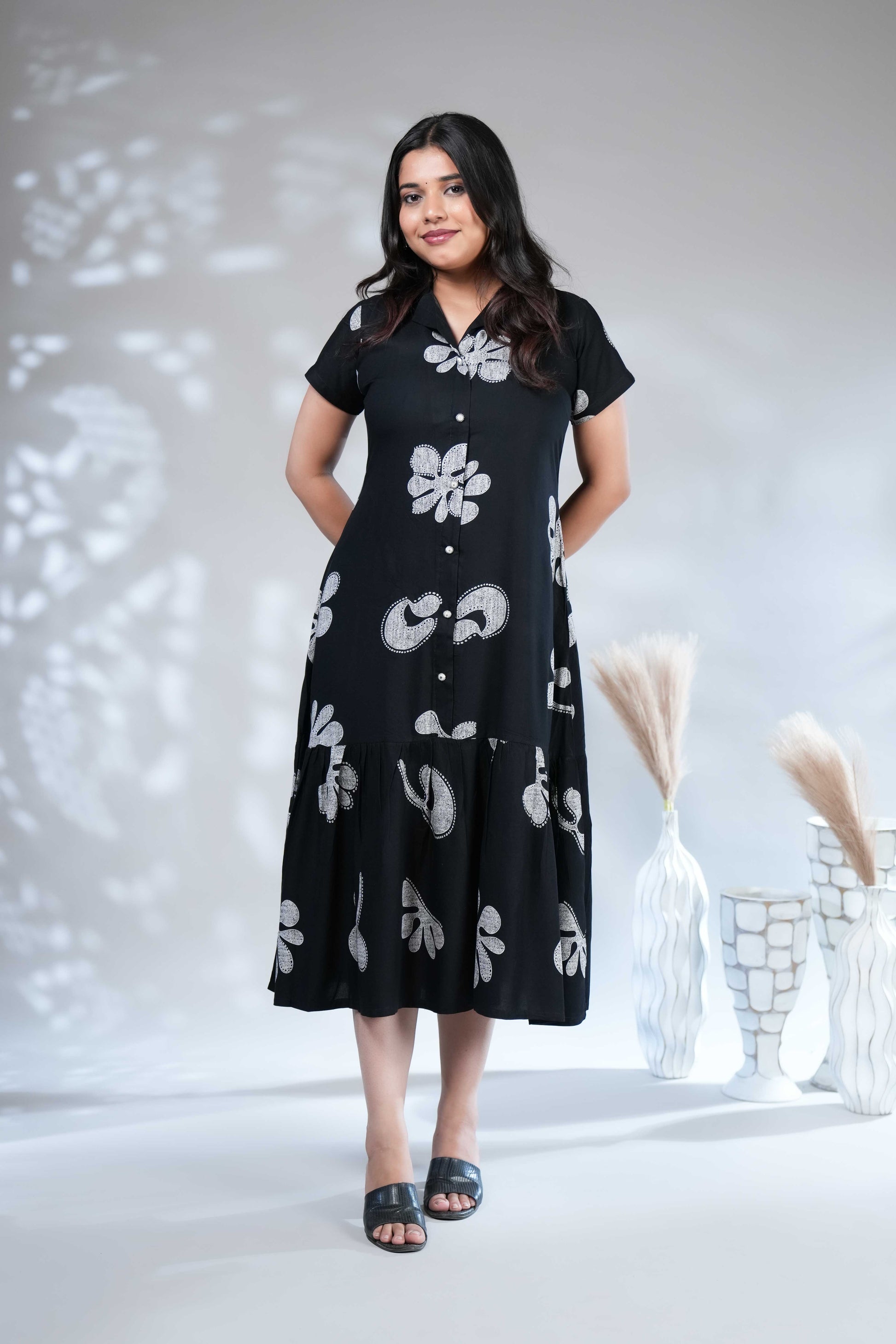 Women's Black & White Floral Printed Midi Shirt A-line Dress