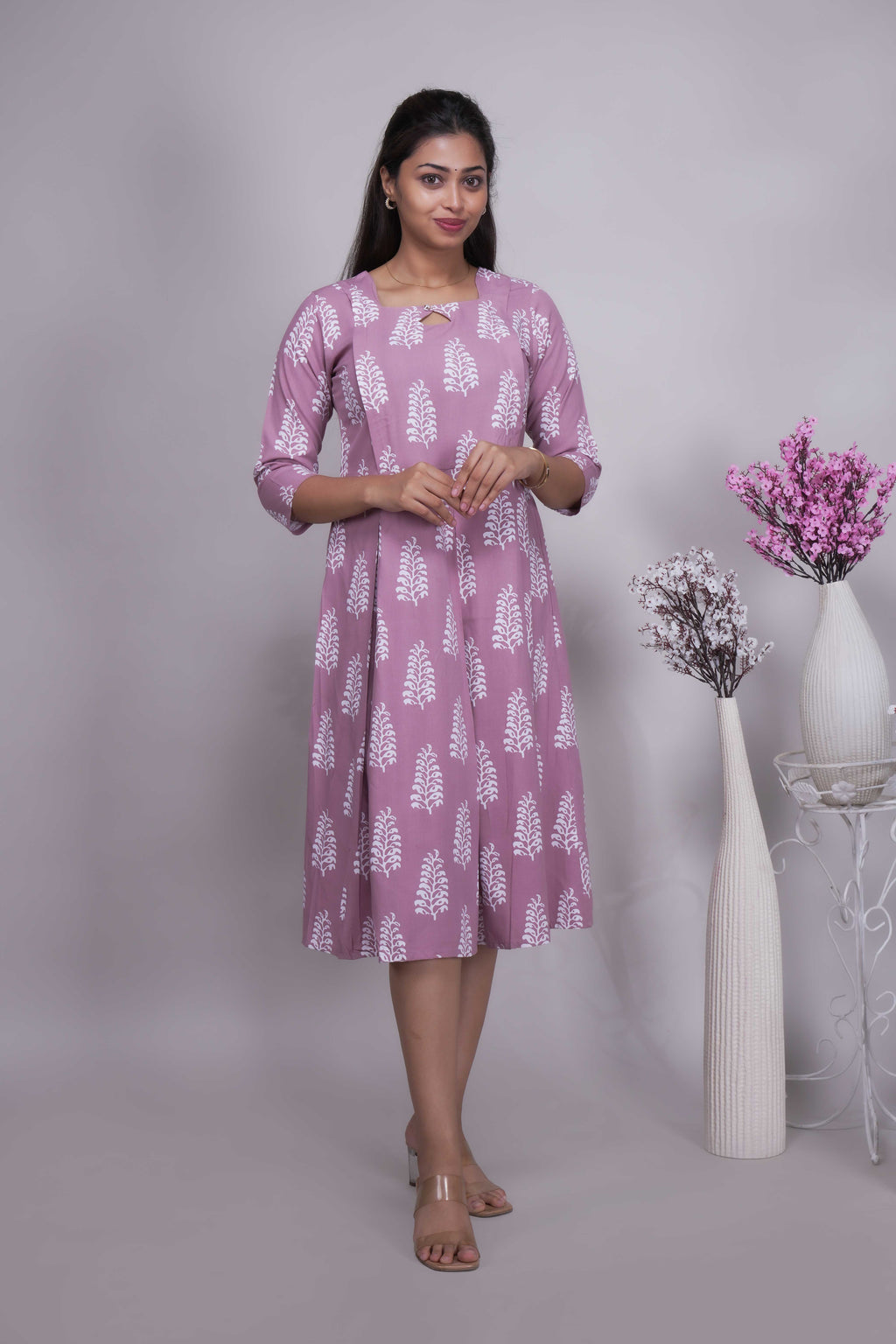 Mauve Blossom Printed A-Line Maternity Midi Dress