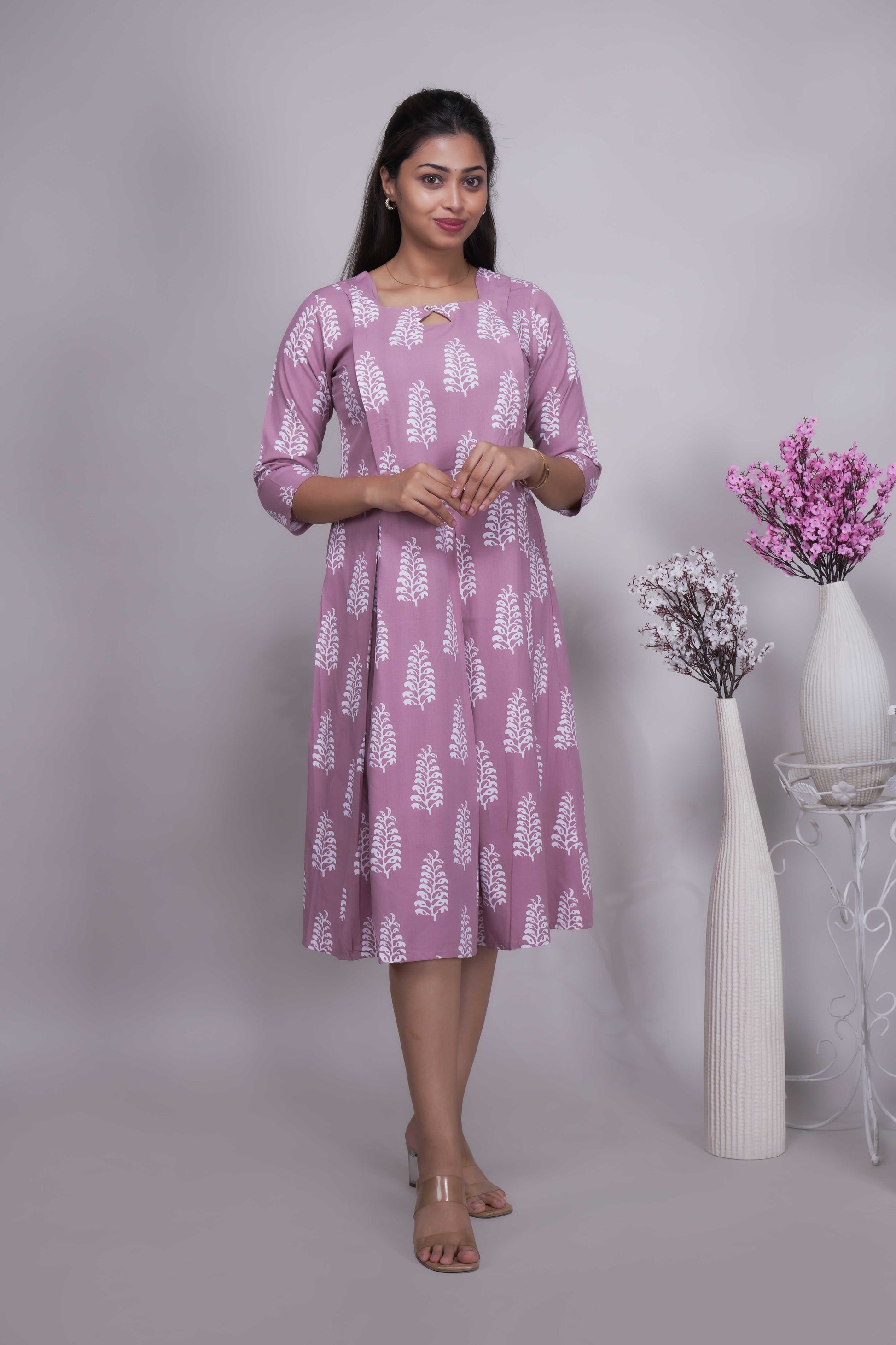 Mauve Blossom Printed A-Line Maternity Midi Dress