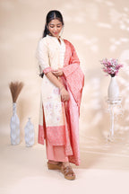 Elegant Off-White & Coral Pink Floral Embroidered Kurta Set with Printed Dupatta