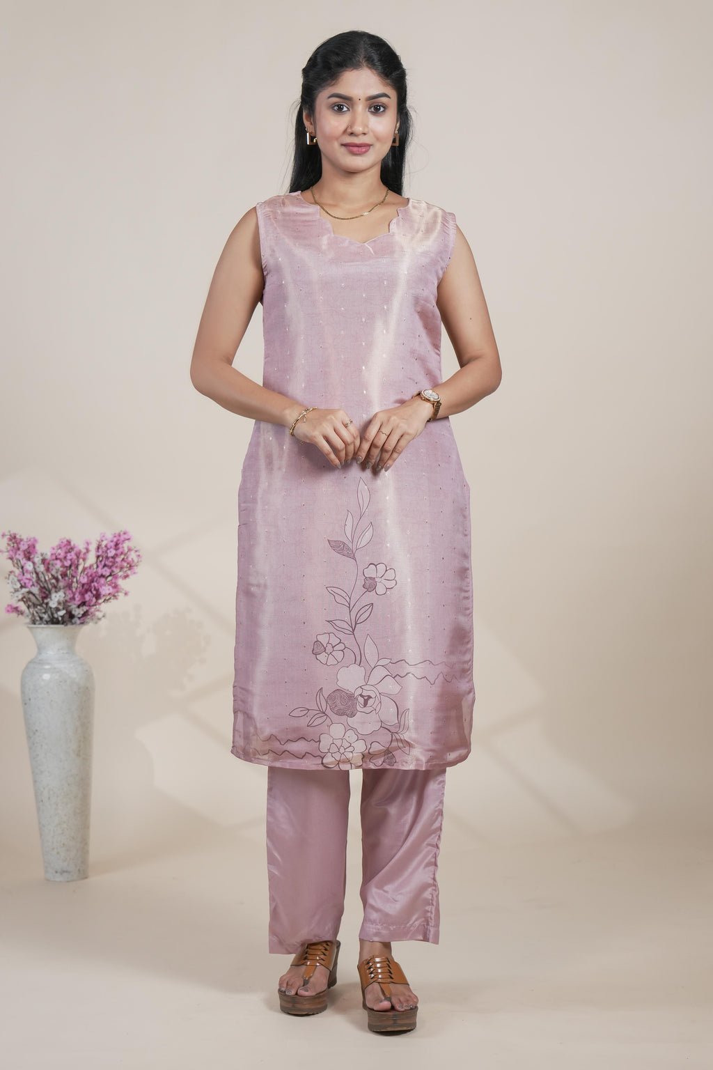 Elegant Mauve Pink Kurta Set with Floral Organza Dupatta