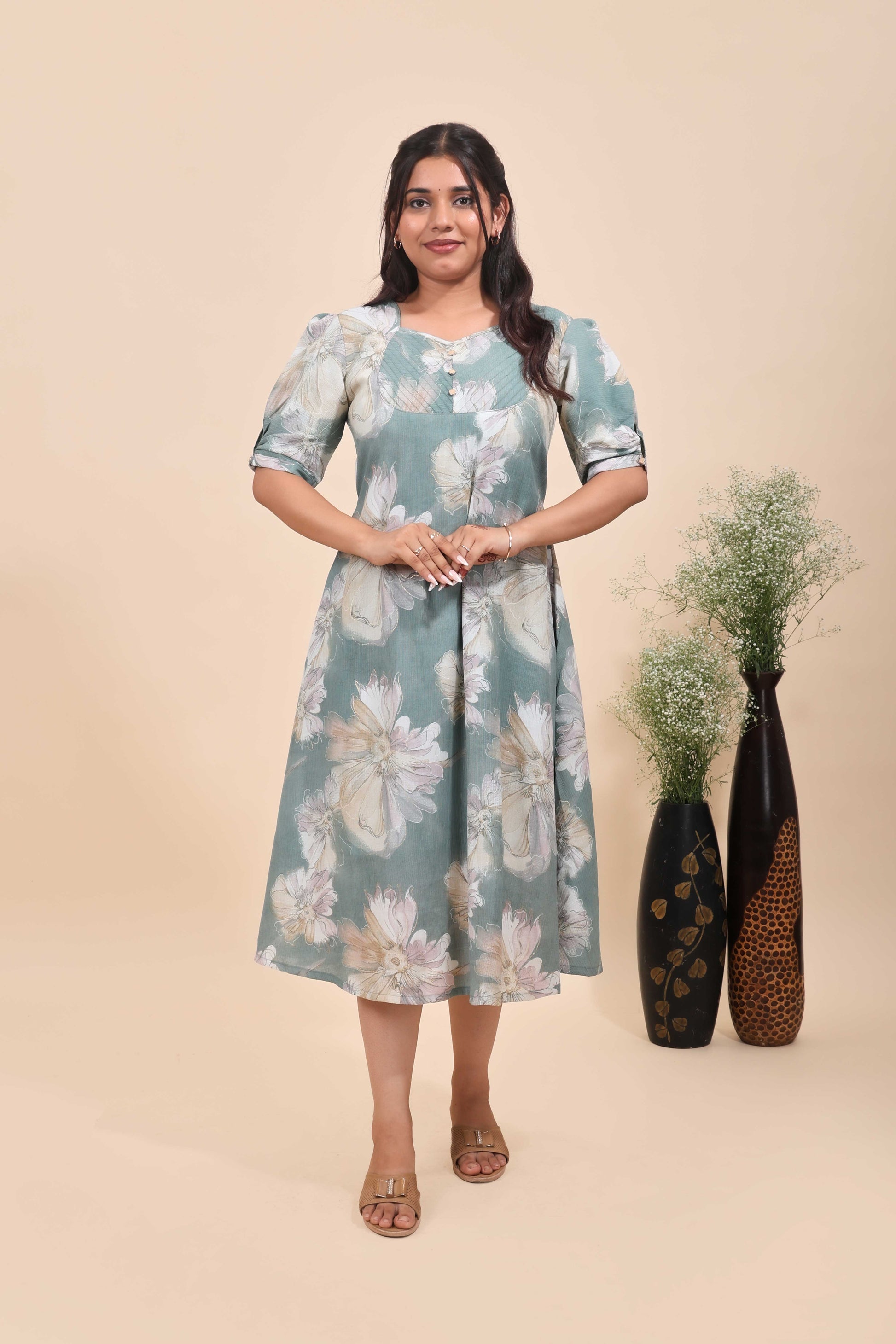 Sage Green Floral Printed A-Line Indo-Western Dress