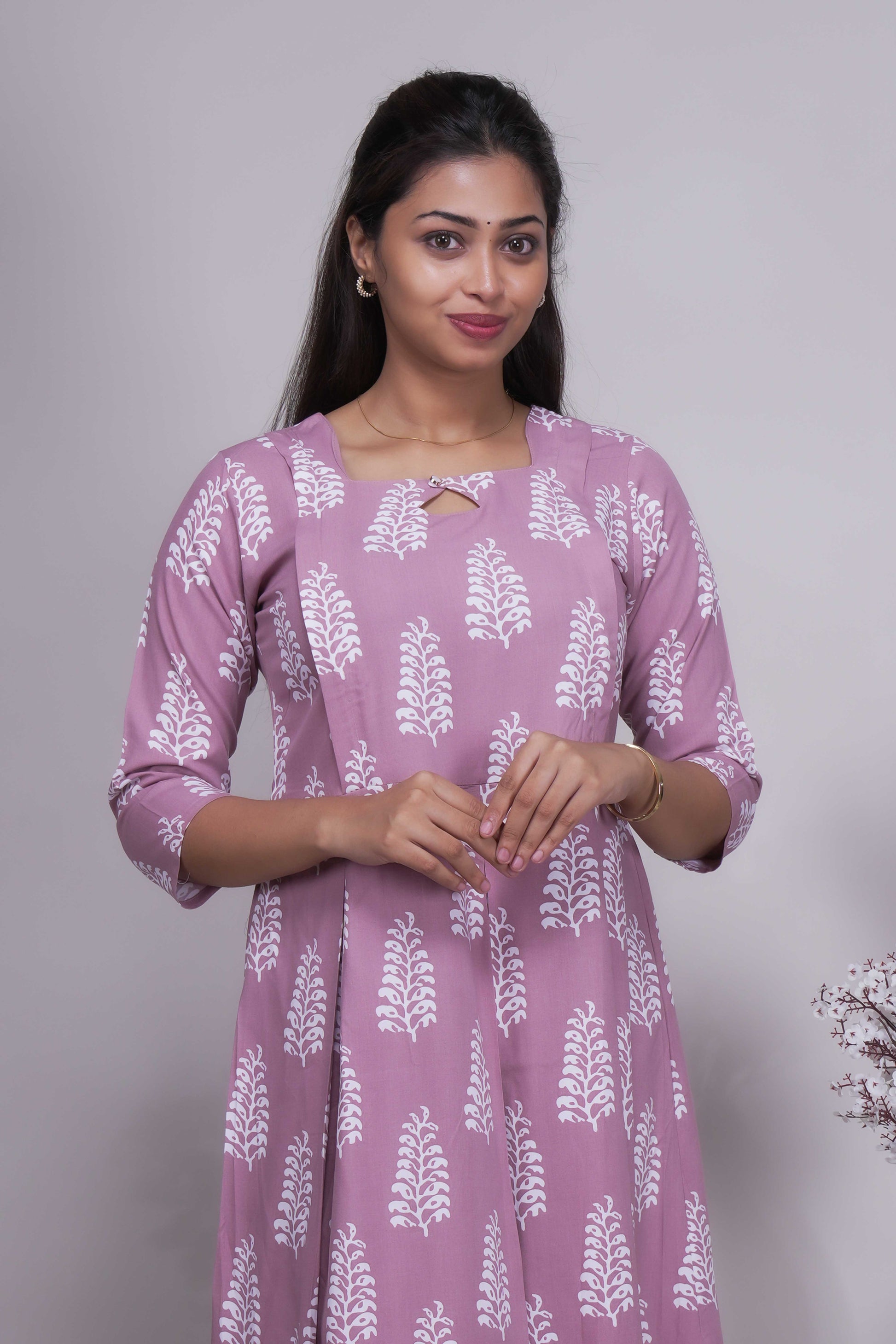 Mauve Blossom Printed A-Line Maternity Midi Dress