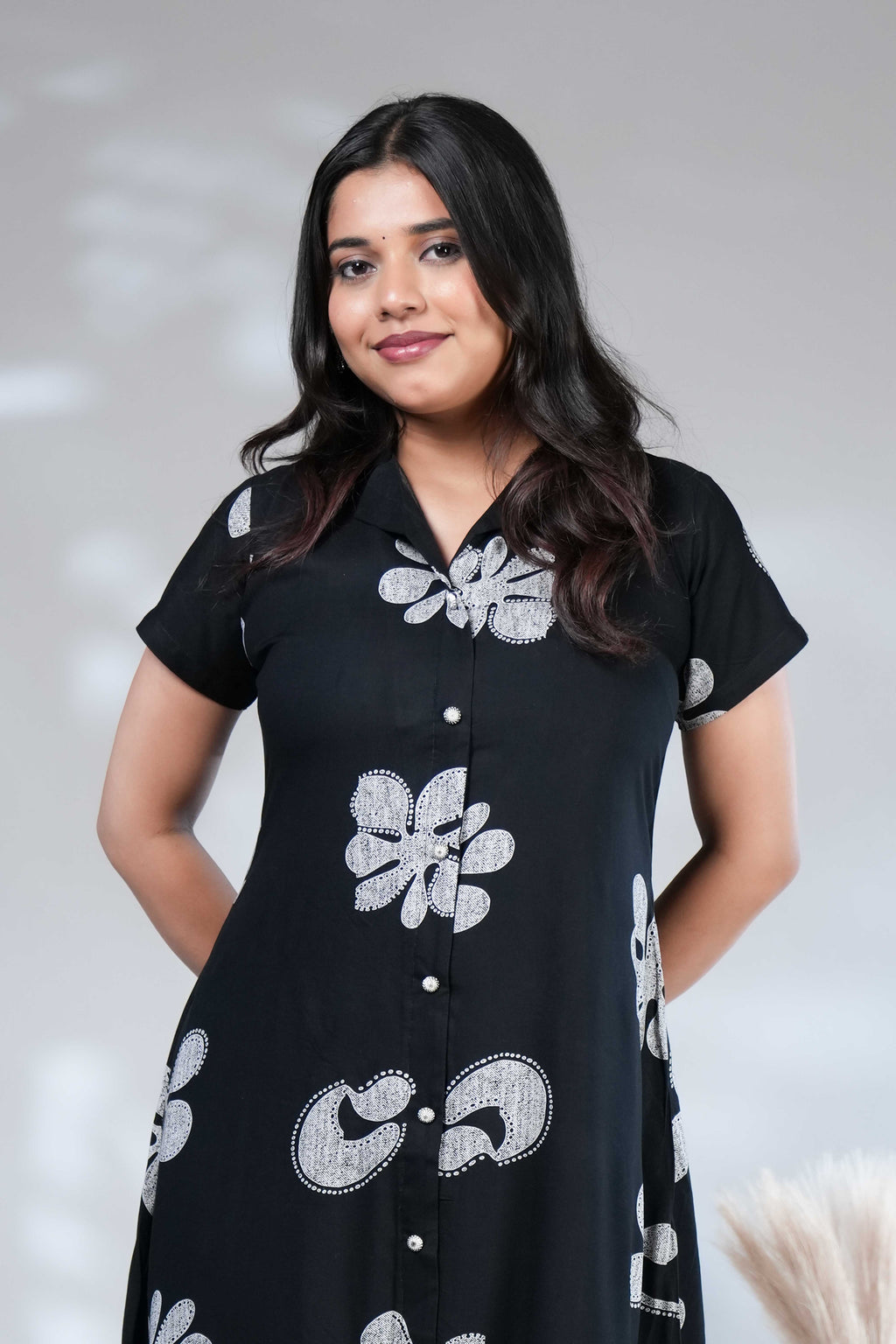 Women's Black & White Floral Printed Midi Shirt A-line Dress