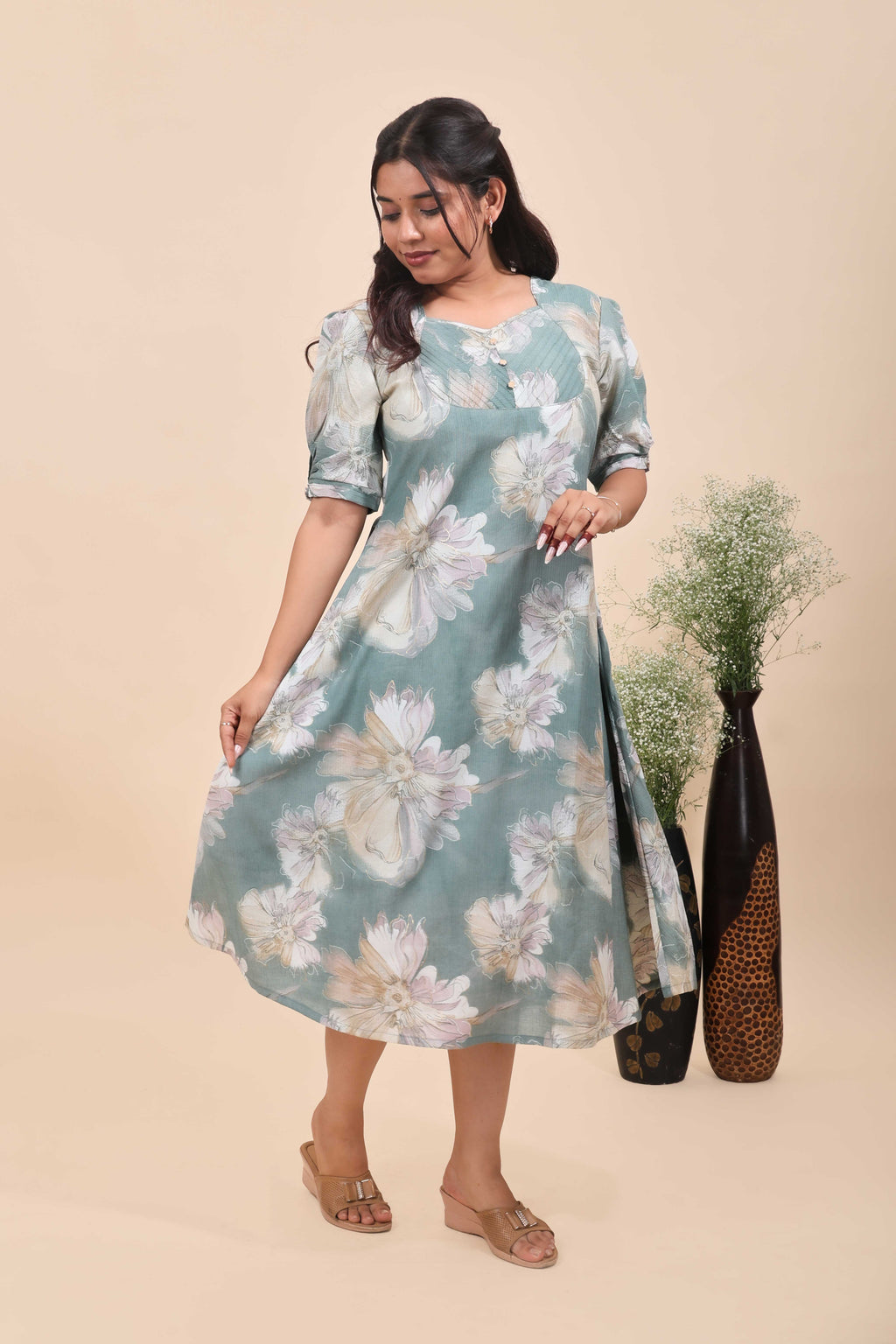 Sage Green Floral Printed A-Line Indo-Western Dress