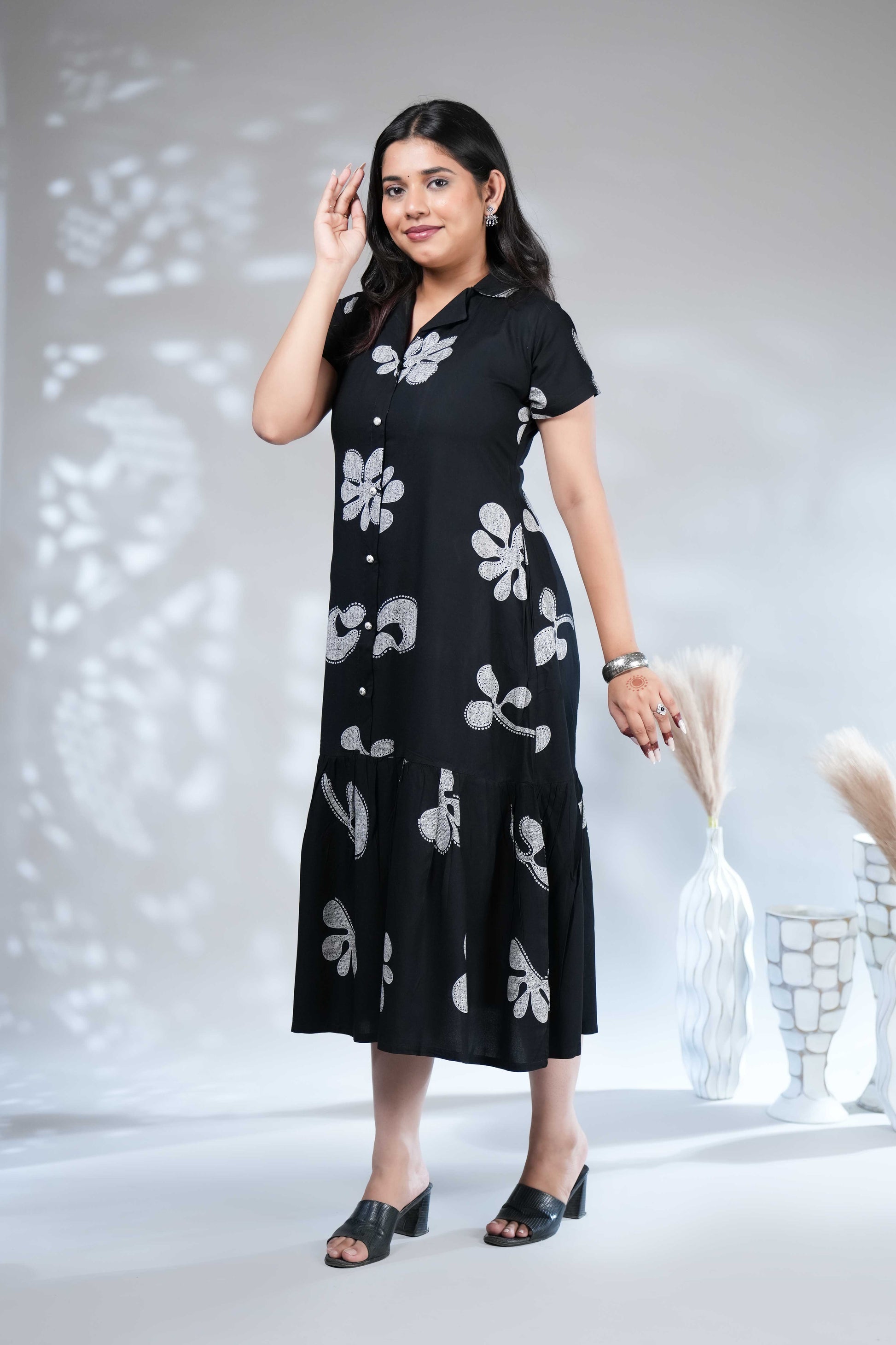 Women's Black & White Floral Printed Midi Shirt A-line Dress