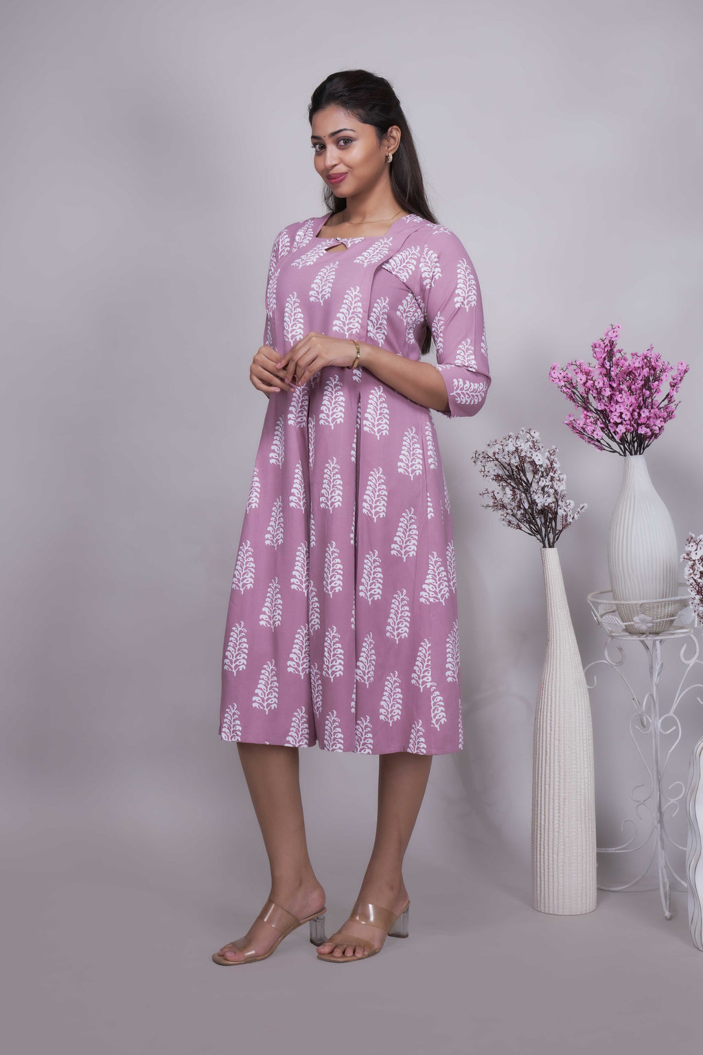 Mauve Blossom Printed A-Line Maternity Midi Dress