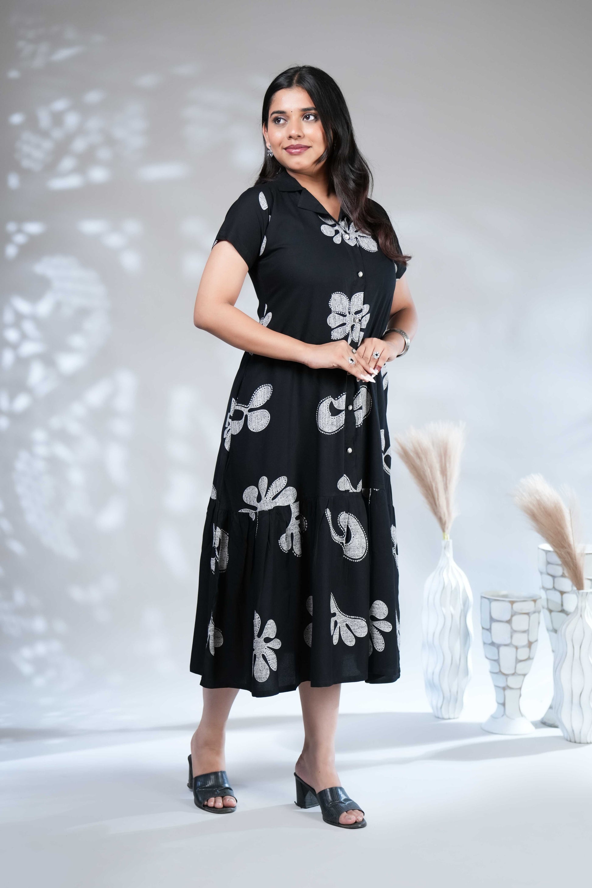 Women's Black & White Floral Printed Midi Shirt A-line Dress