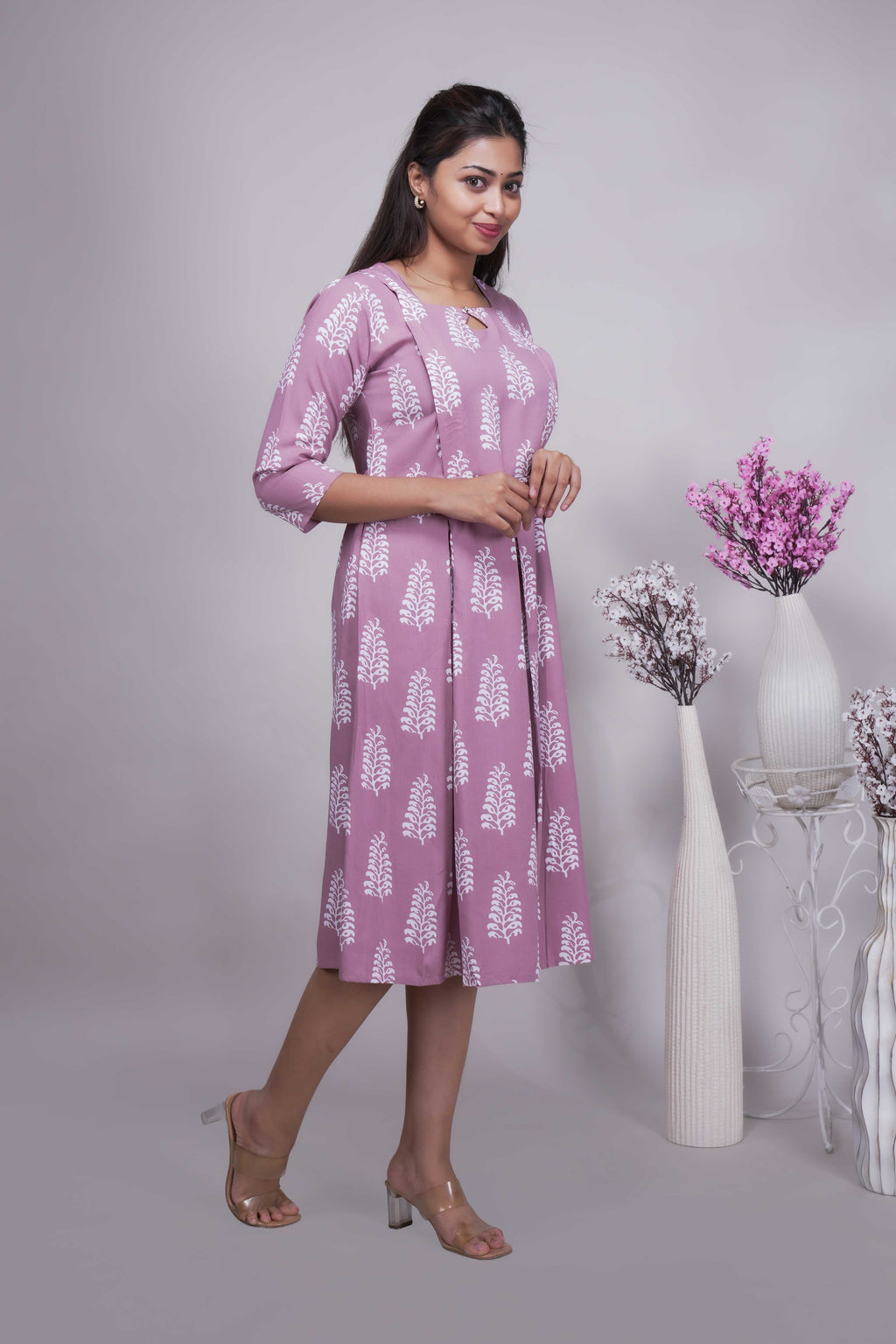Mauve Blossom Printed A-Line Maternity Midi Dress