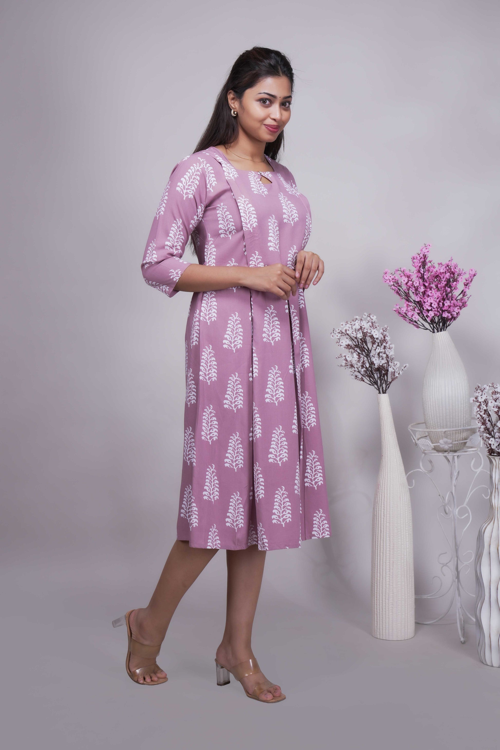 Mauve Blossom Printed A-Line Maternity Midi Dress