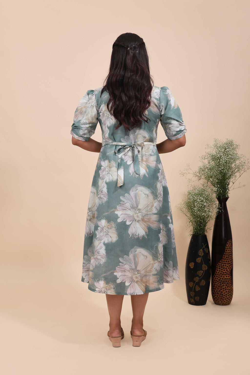 Sage Green Floral Printed A-Line Indo-Western Dress