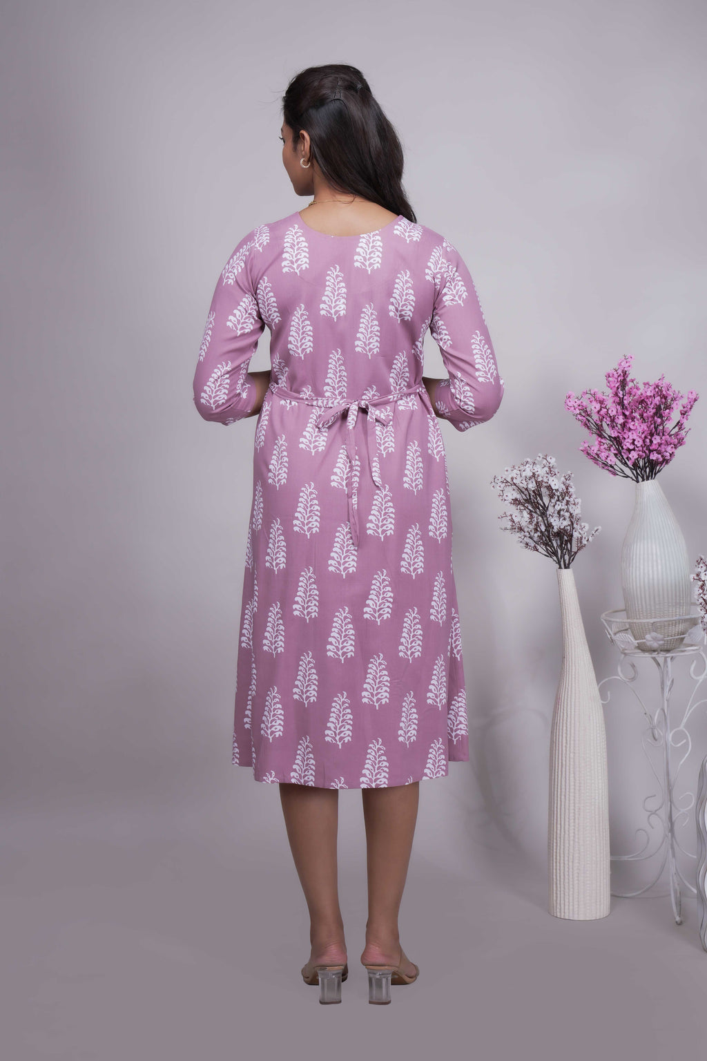 Mauve Blossom Printed A-Line Maternity Midi Dress