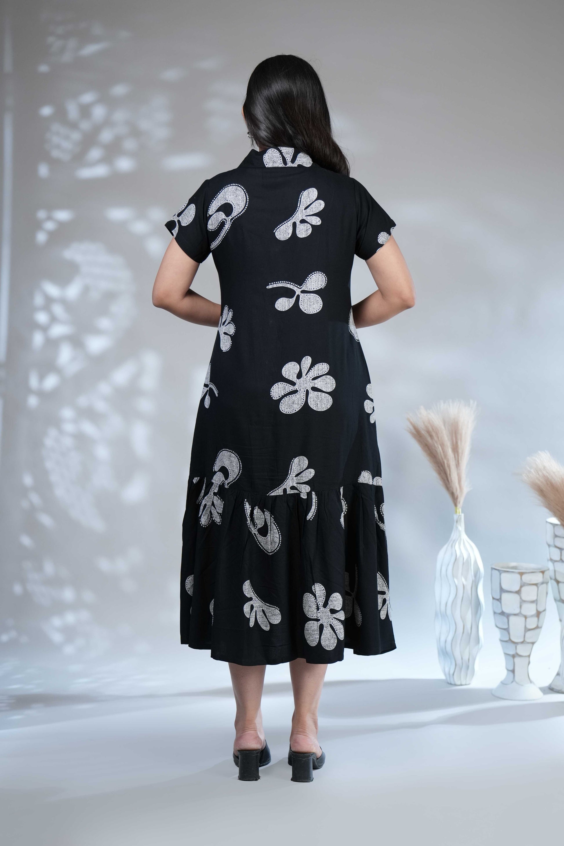 Women's Black & White Floral Printed Midi Shirt A-line Dress