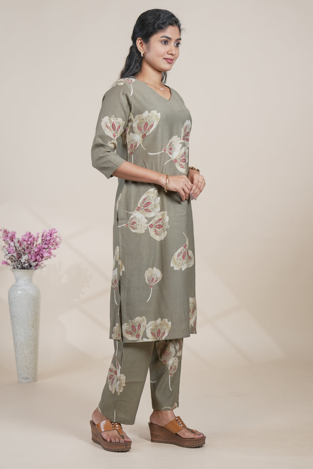 Olive Green Floral Printed Straight Kurta with Matching Pants Set