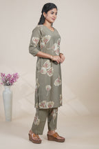 Olive Green Floral Printed Straight Kurta with Matching Pants Set