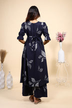 Navy Blue Leaf Print Set with Matching Pants