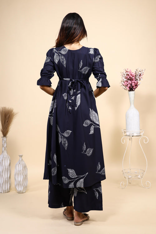 Navy Blue Leaf Print Set with Matching Pants