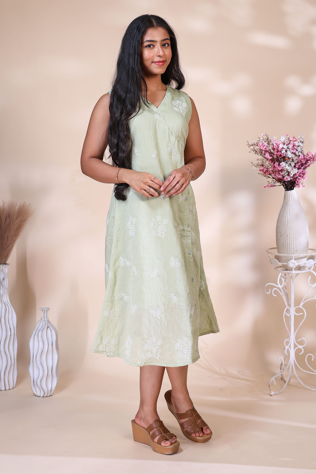 Mint Green Embroidered Westen wrap Style Dress