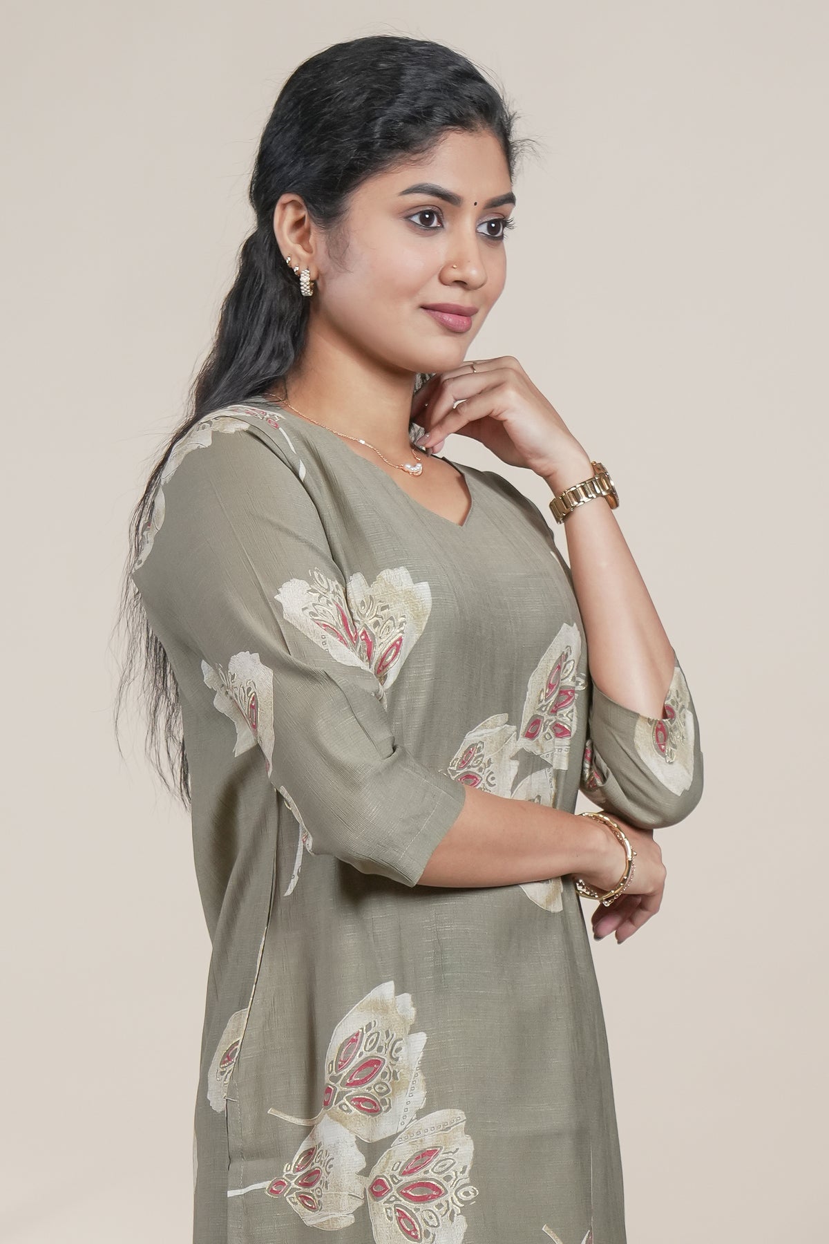Olive Green Floral Printed Straight Kurta with Matching Pants Set