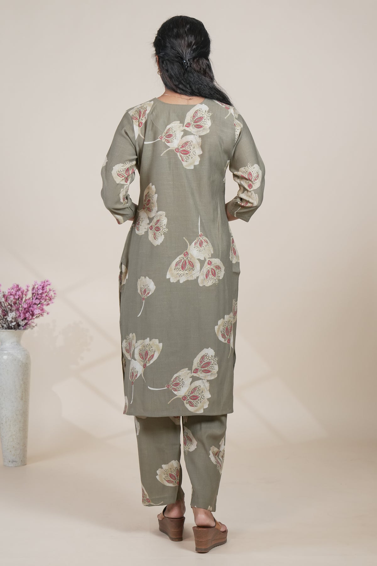 Olive Green Floral Printed Straight Kurta with Matching Pants Set