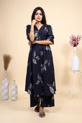 Navy Blue Leaf Print Set with Matching Pants