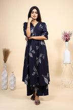Navy Blue Leaf Print Set with Matching Pants