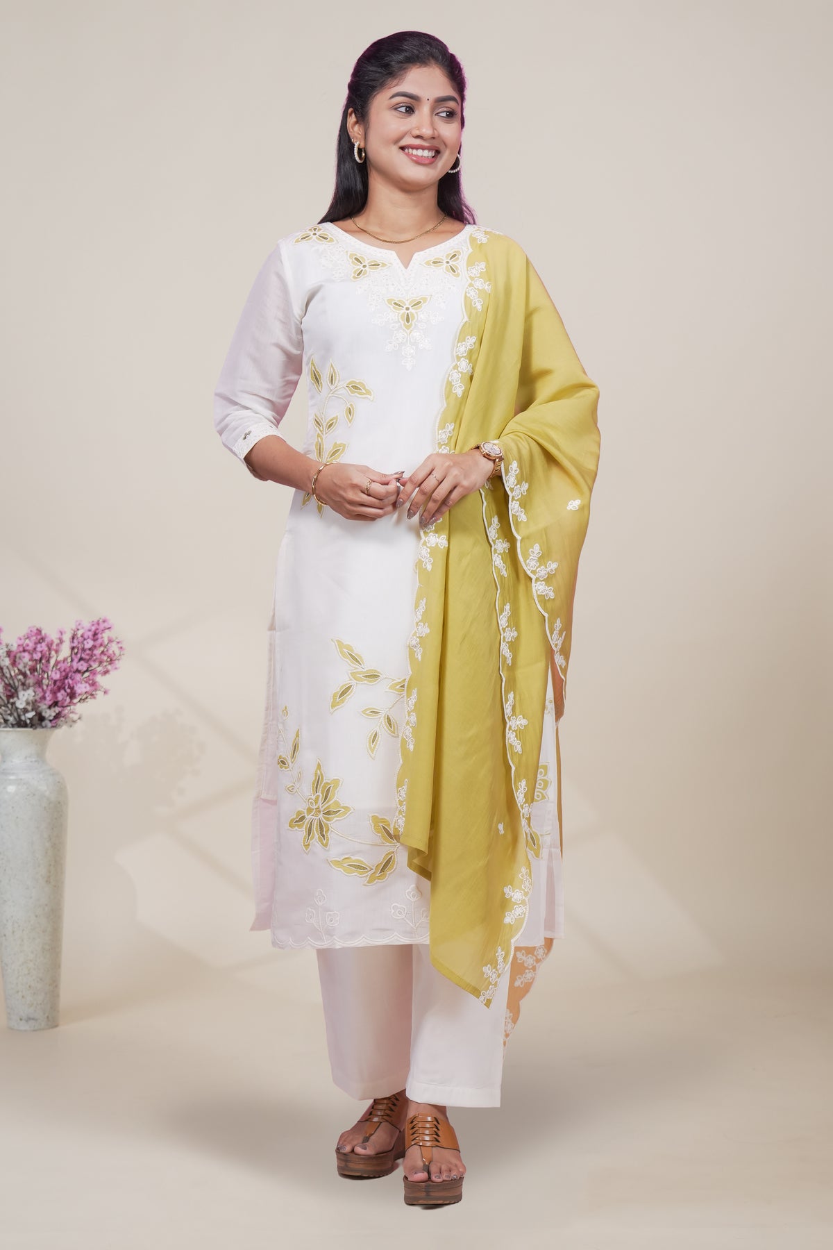 Elegant White and Olive Green Embroidered Kurta Set with Matching Dupatta