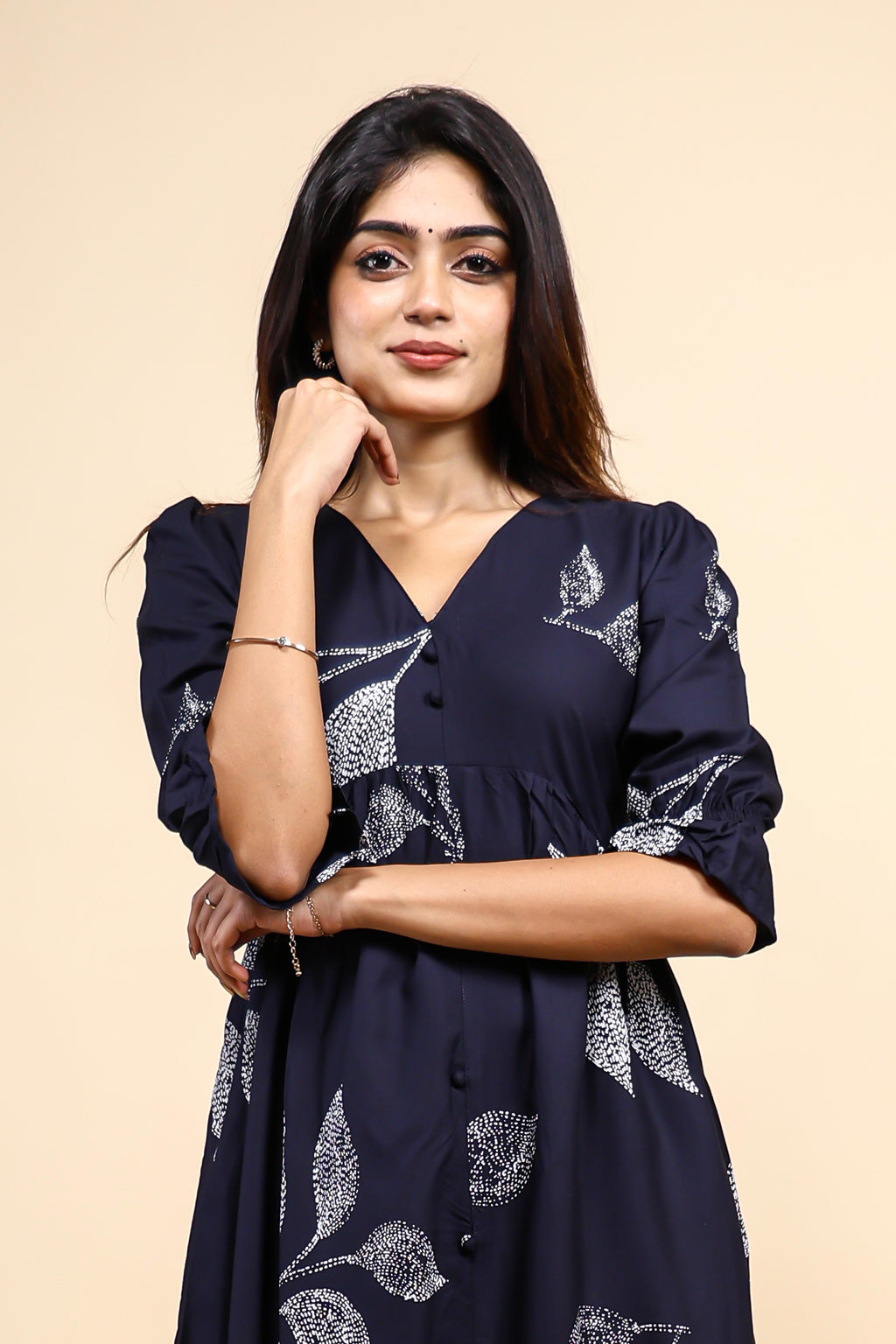 Navy Blue Leaf Print Set with Matching Pants