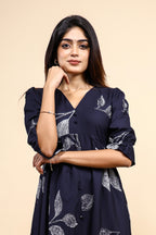Navy Blue Leaf Print Set with Matching Pants