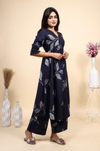 Navy Blue Leaf Print Set with Matching Pants