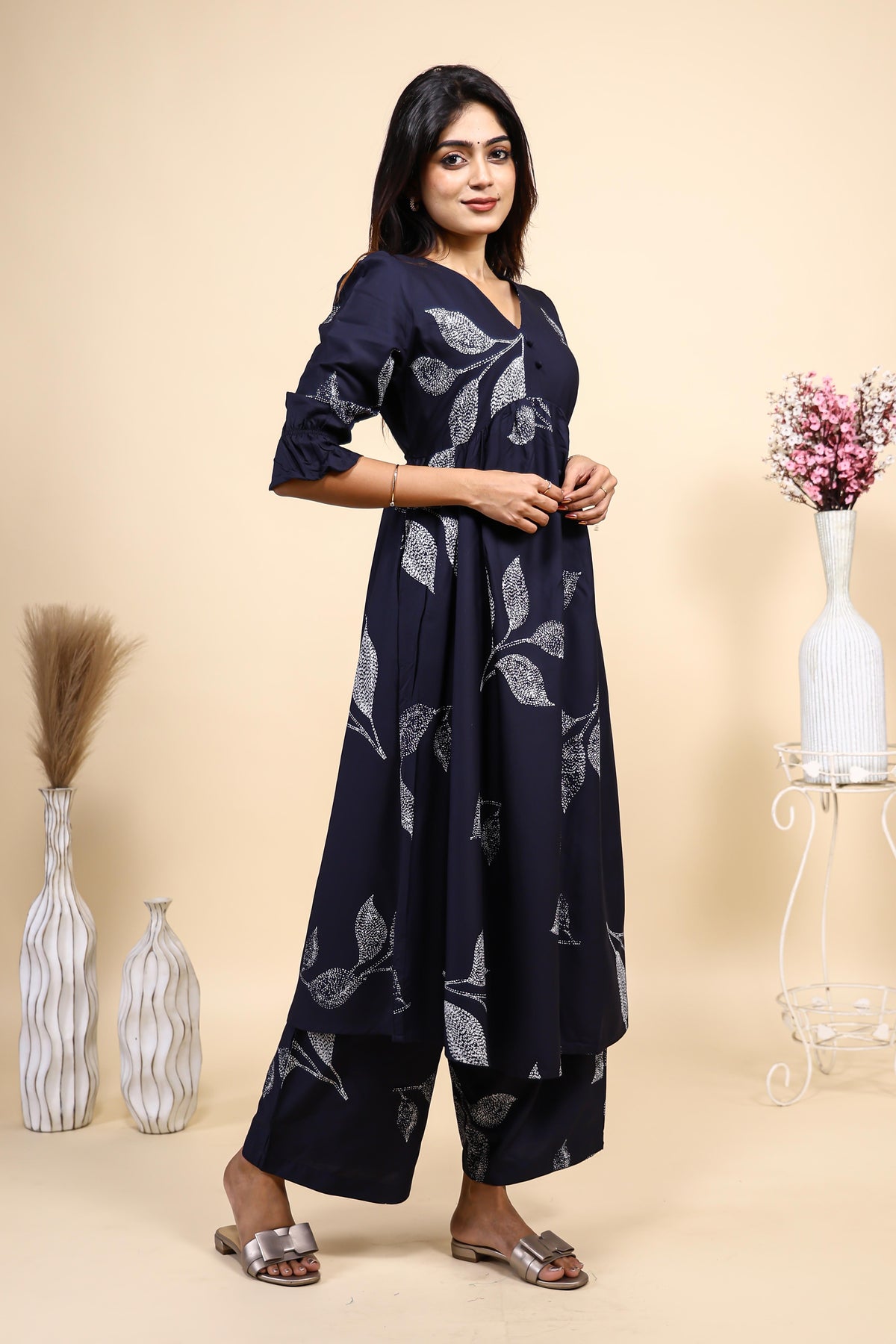 Navy Blue Leaf Print Set with Matching Pants