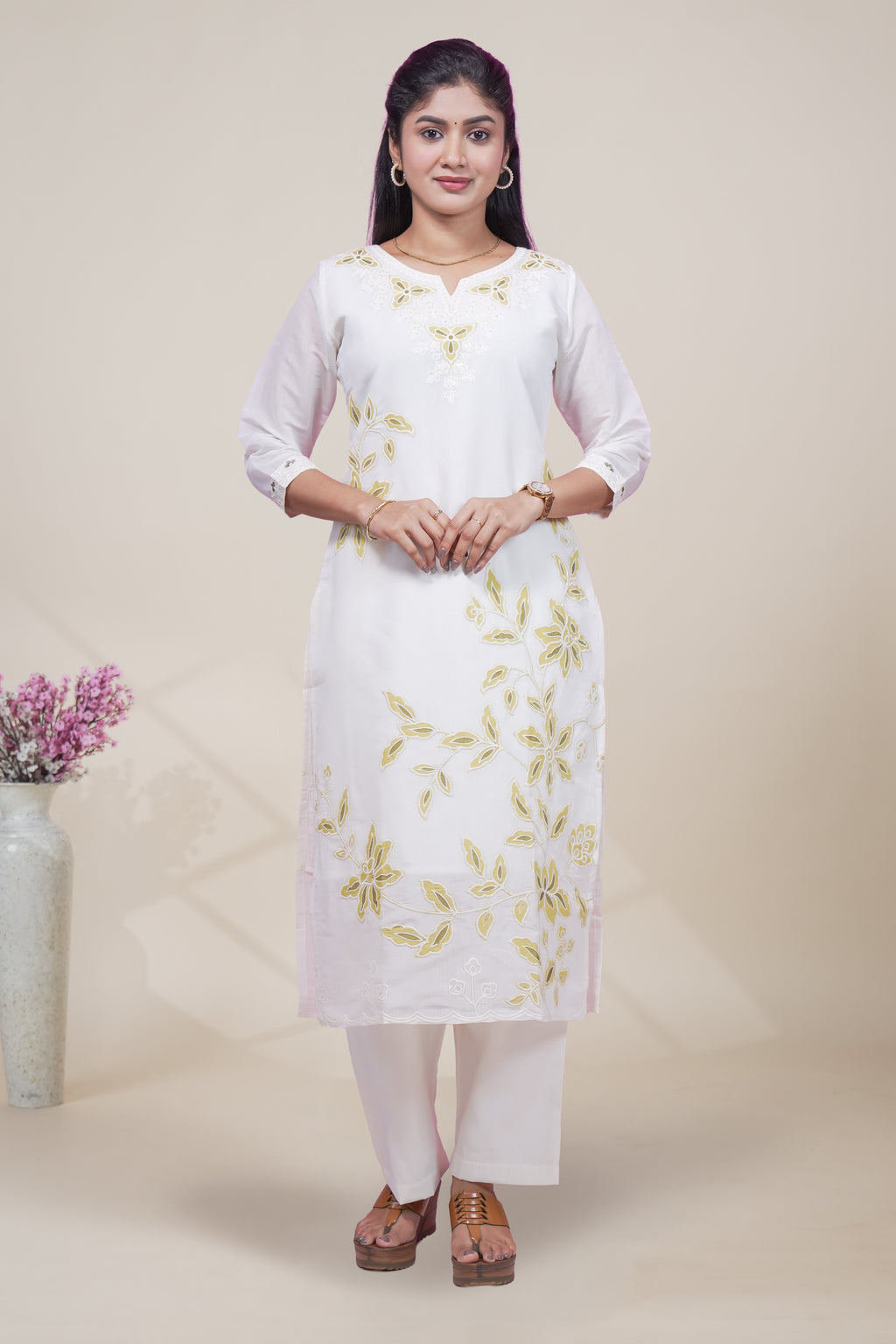 Elegant White and Olive Green Embroidered Kurta Set with Matching Dupatta