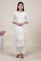 Elegant White and Olive Green Embroidered Kurta Set with Matching Dupatta