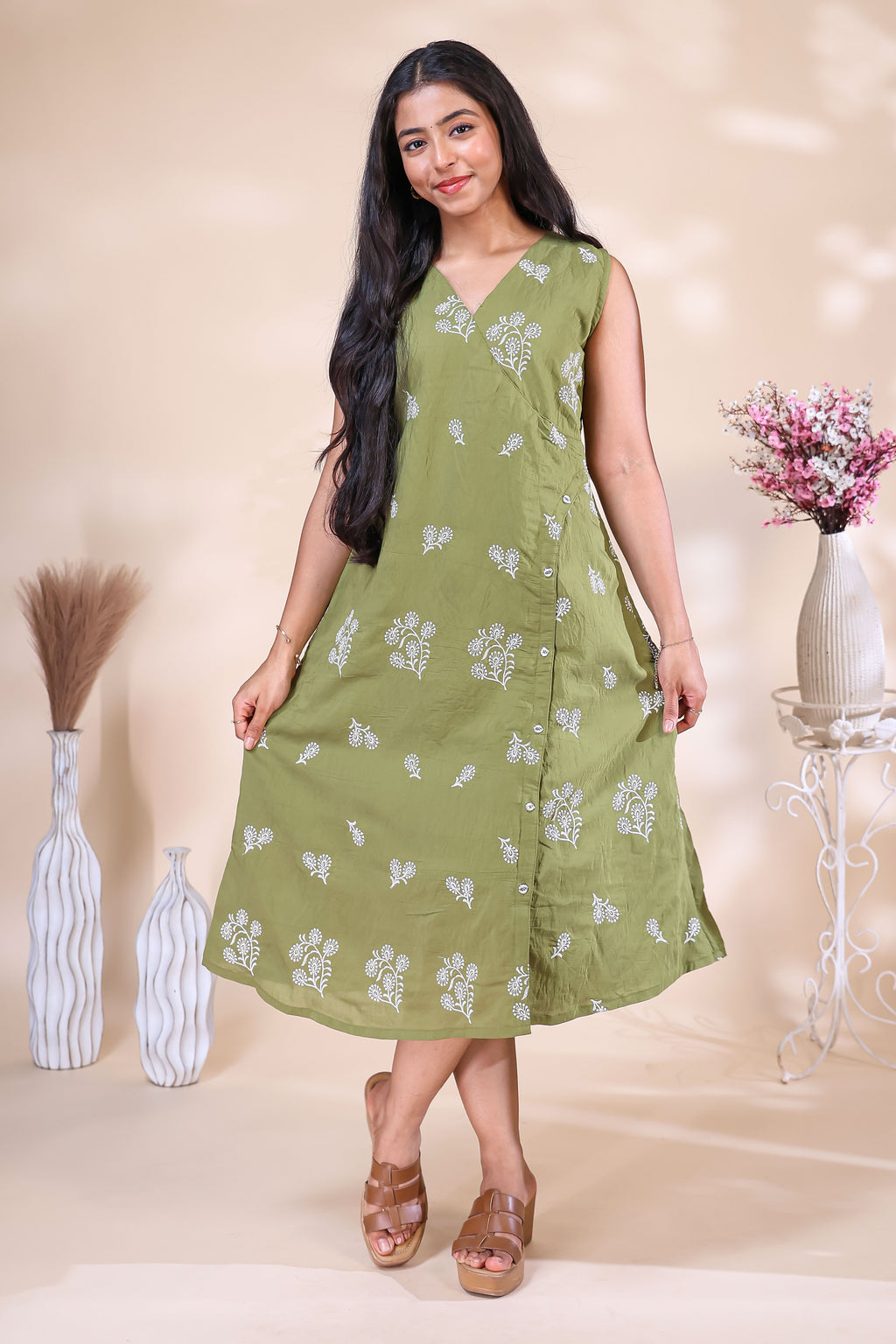 Olive Green Printed Westen wrap style dress