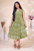 Olive Green Printed Westen wrap style dress