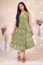 Olive Green Printed Westen wrap style dress