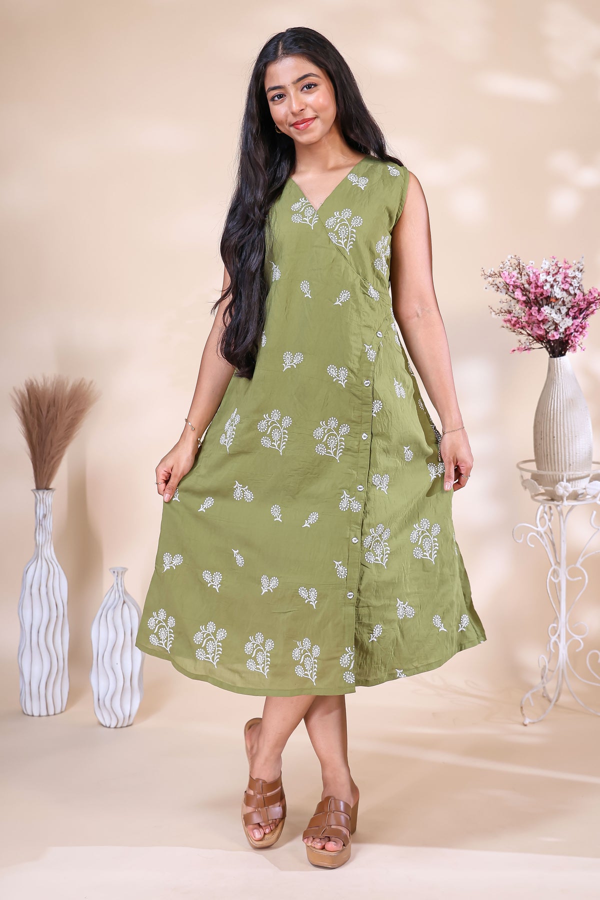Olive Green Printed Westen wrap style dress
