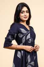 Navy Blue Leaf Print Set with Matching Pants