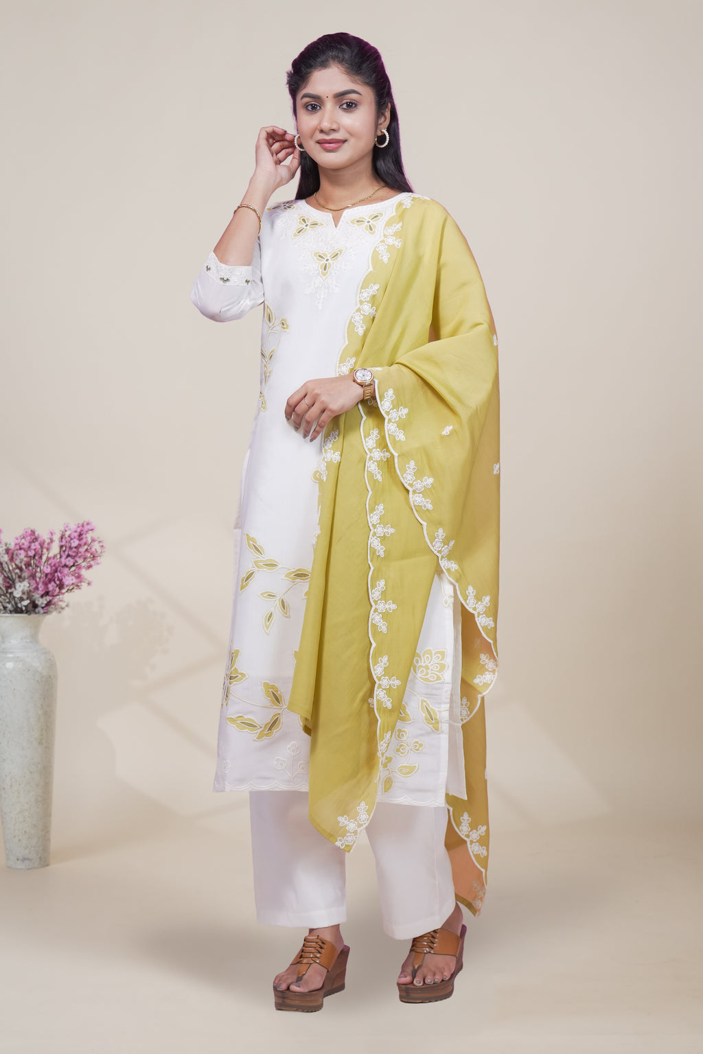 Elegant White and Olive Green Embroidered Kurta Set with Matching Dupatta