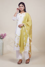 Elegant White and Olive Green Embroidered Kurta Set with Matching Dupatta