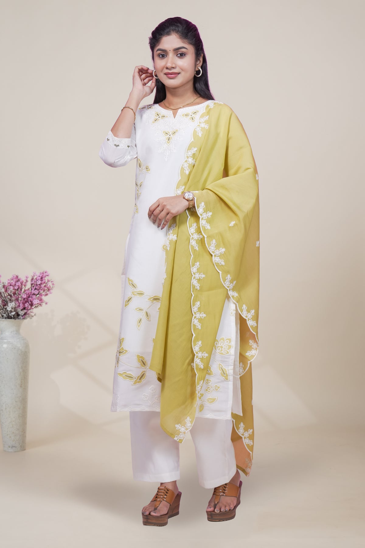 Elegant White and Olive Green Embroidered Kurta Set with Matching Dupatta