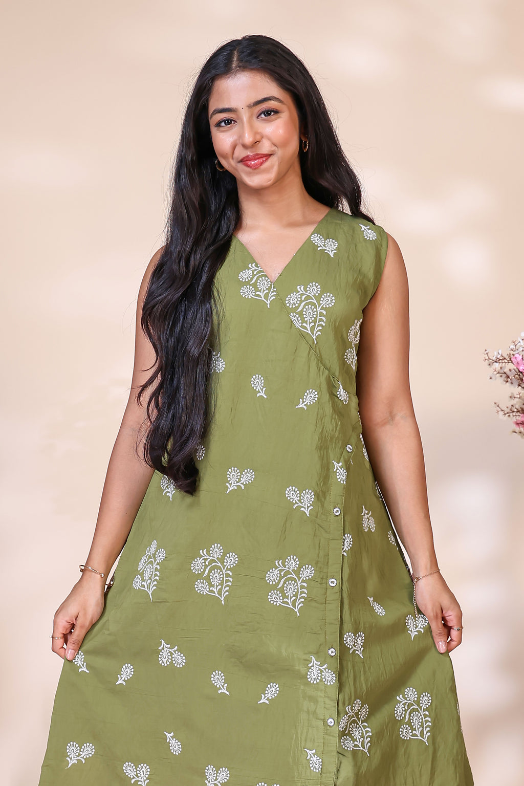 Olive Green Printed Westen wrap style dress