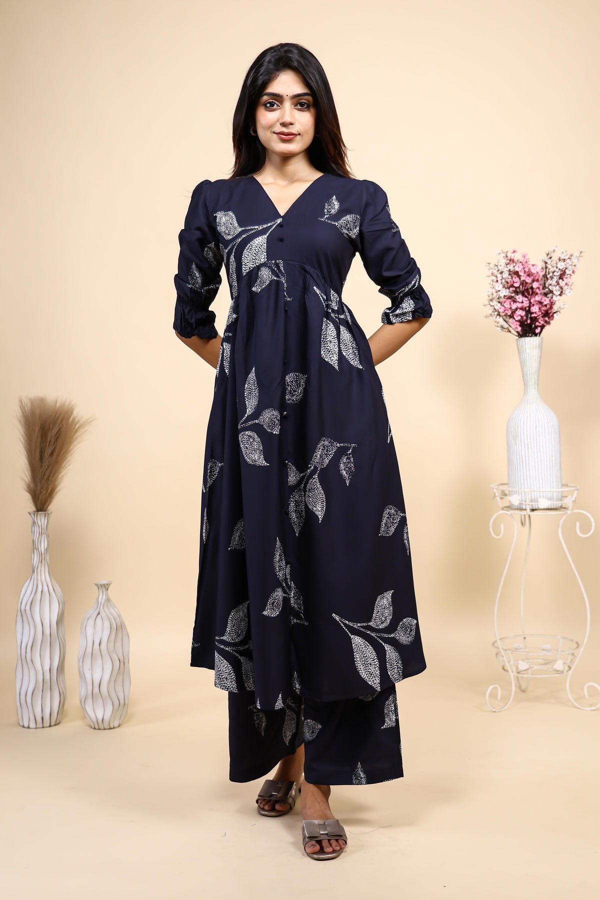 Navy Blue Leaf Print Set with Matching Pants