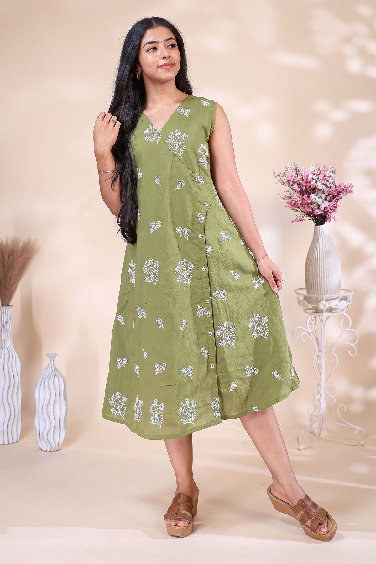 Olive Green Printed Westen wrap style dress